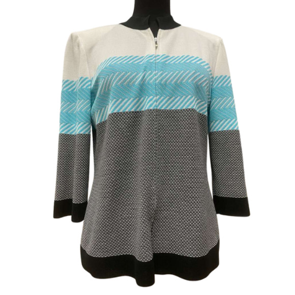 Ming Wang M Knit Jacket Sweater White Aqua Black Zigzag 3/4 Sleeve Zip Cardigan - Picture 3 of 9